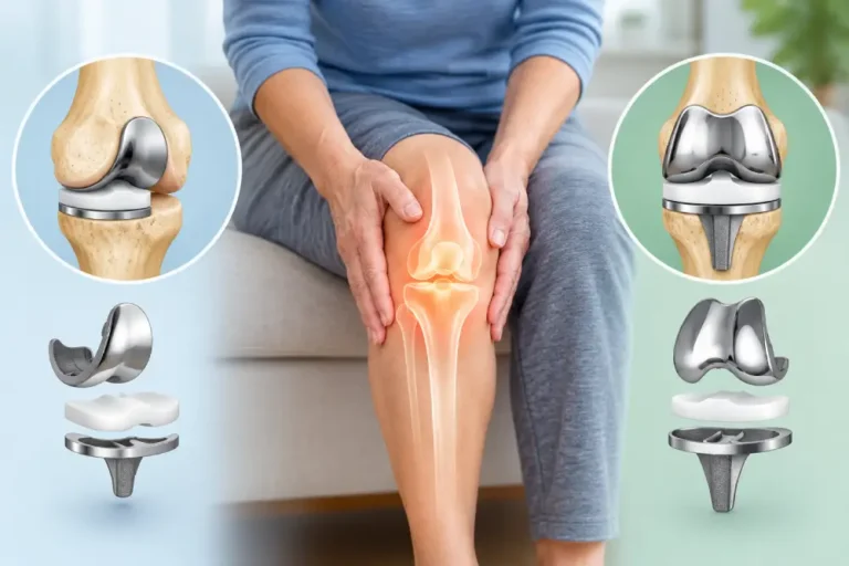 Knee replacement implant components shown next to an arthritic knee